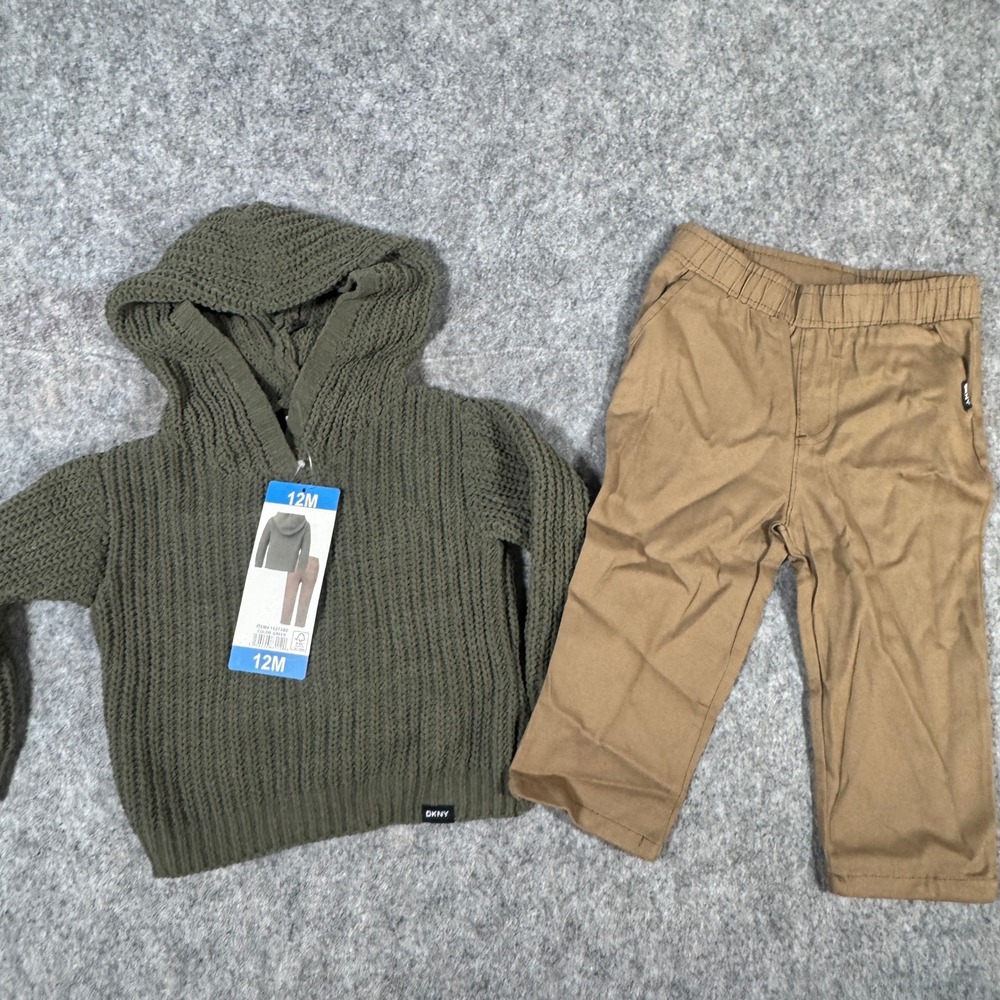 DKNY Toddler Boys 12M Olive Green Chenille Hooded Sweater and Khaki Pants Set